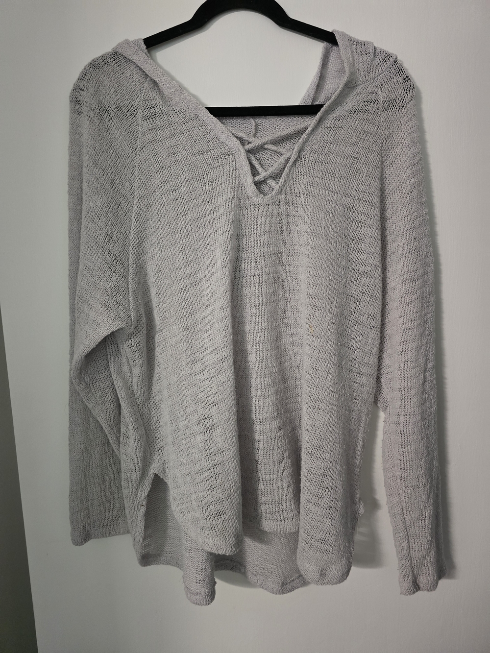 Light Gray Hooded Knit Sweater with Lace-Up V-Neck